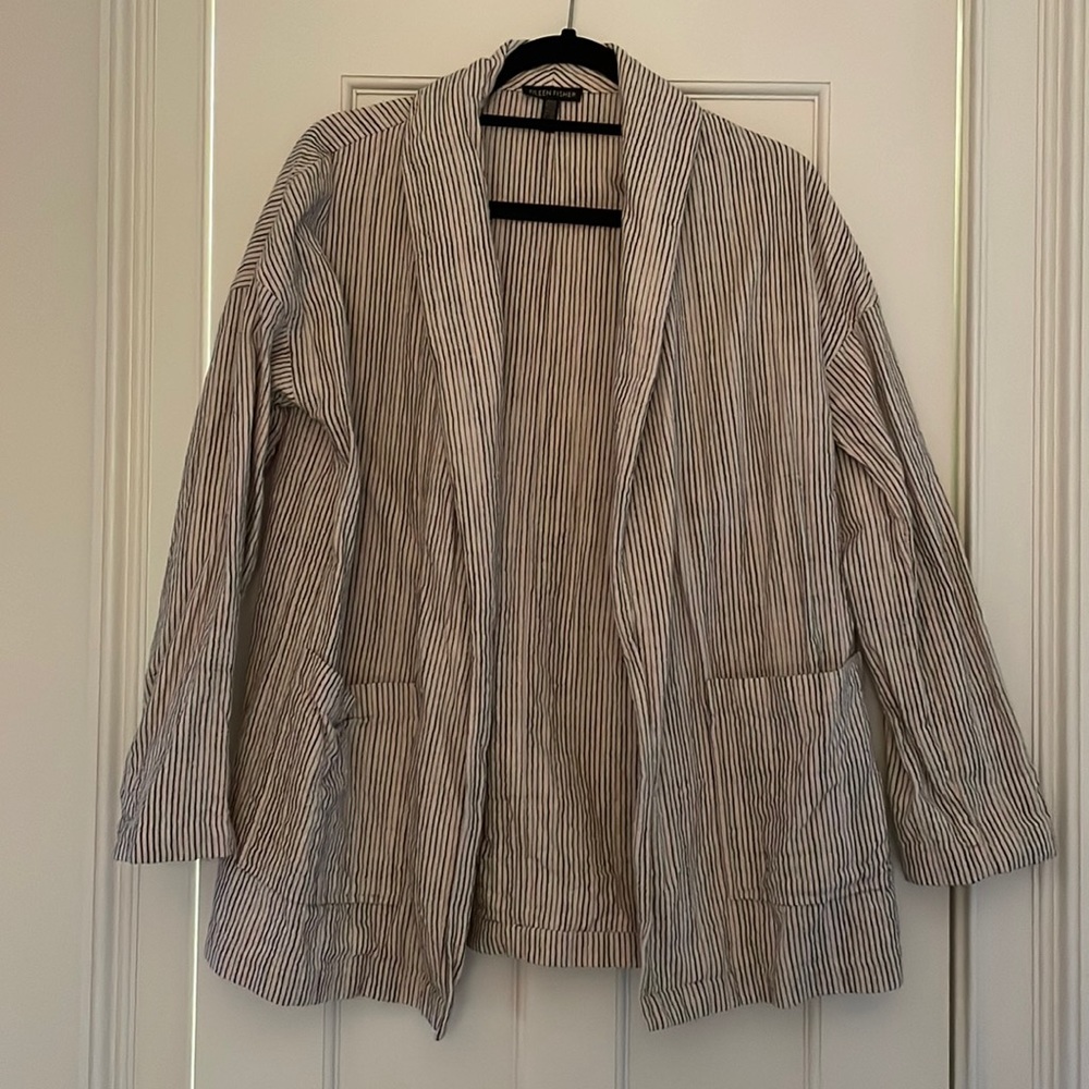 Eileen Fisher Cotton Pinstriped Open Blazer Jacket XXS/XS